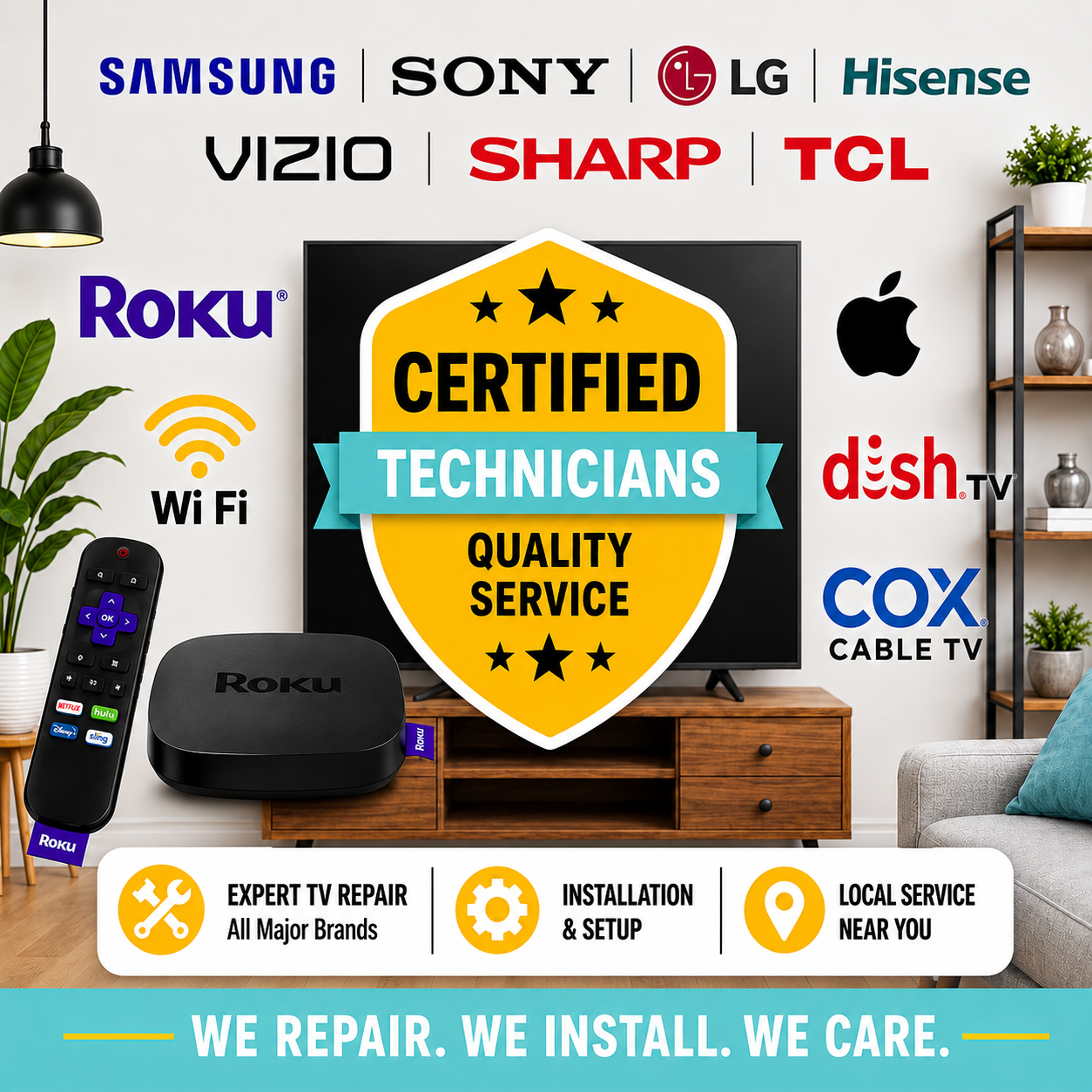 Certified TV repair and installation services for Samsung, LG, Sony, Roku, Apple TV, WiFi, Dish TV and cable TV systems.