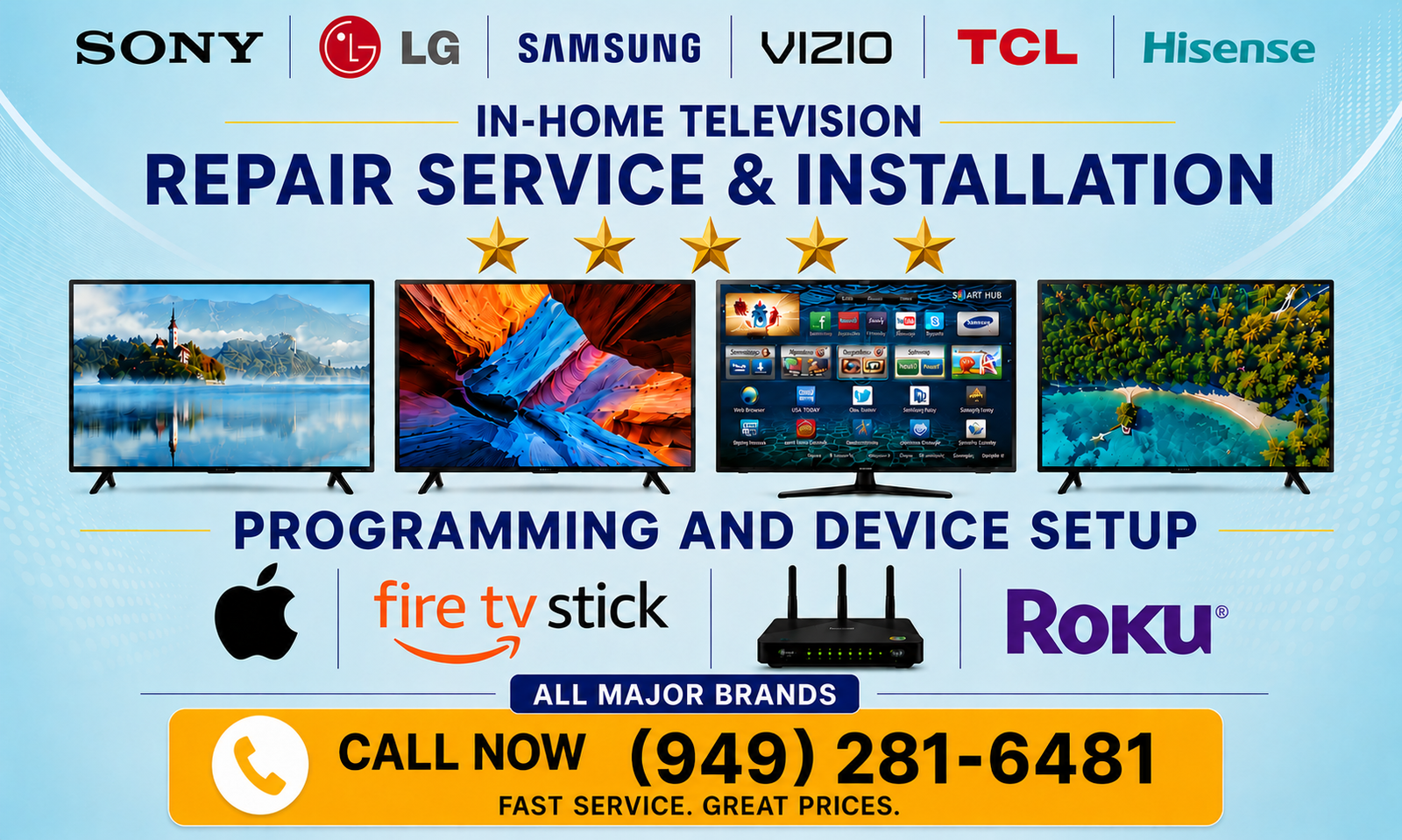 Professional In-Home TV Repair Service for Samsung, LG, Sony, Vizio, TCL and Hisense TVs
