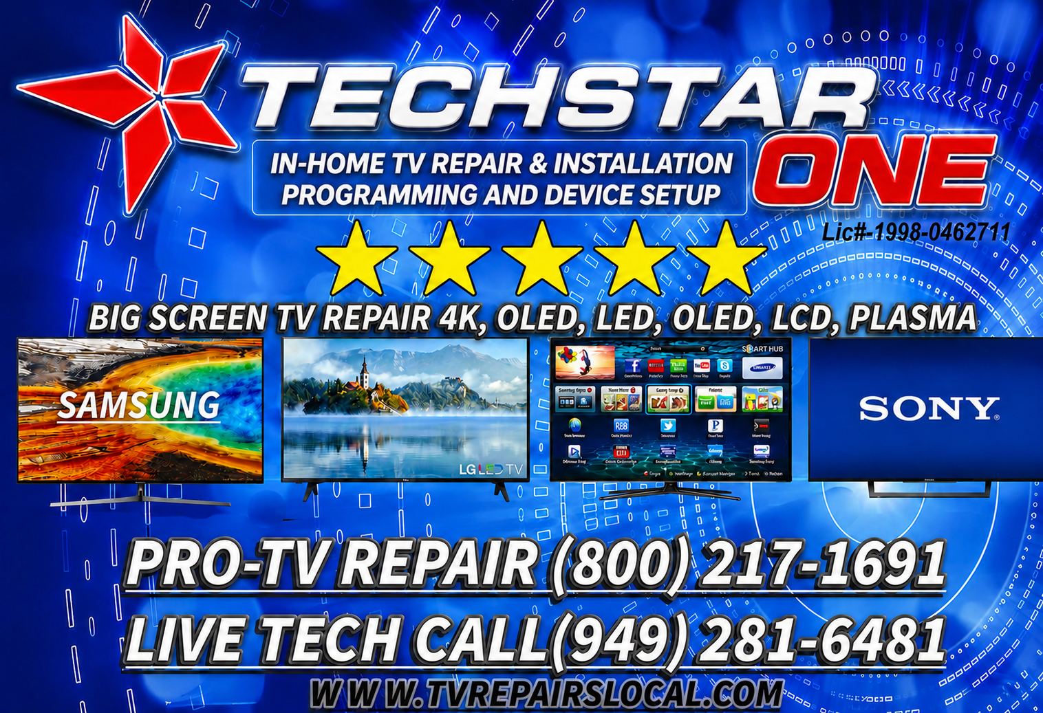 TechStarOne professional in-home TV repair and installation service in Orange County, California for Samsung, LG, Sony, OLED, LED, LCD, and Plasma TV TechStarOne professional in-home TV repair and installation service in Orange County, California for Samsung, LG, Sony, OLED, LED, LCD, and Plasma TV